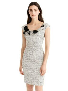 Kay Unger Tweed Sleeveless Floral Appliqué and Ruffle Neckline Sheath Dress
